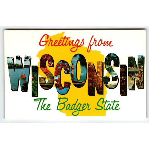 Greetings From The Badger State Wisconsin Vintage Large Letter Postcard Chrome - Picture 1 of 2
